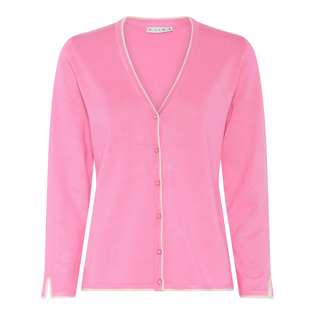 Micha Cardigan Dame Hals Viscose Strik Med Kontrastkant Perleknapper Pink Xxxl Pink