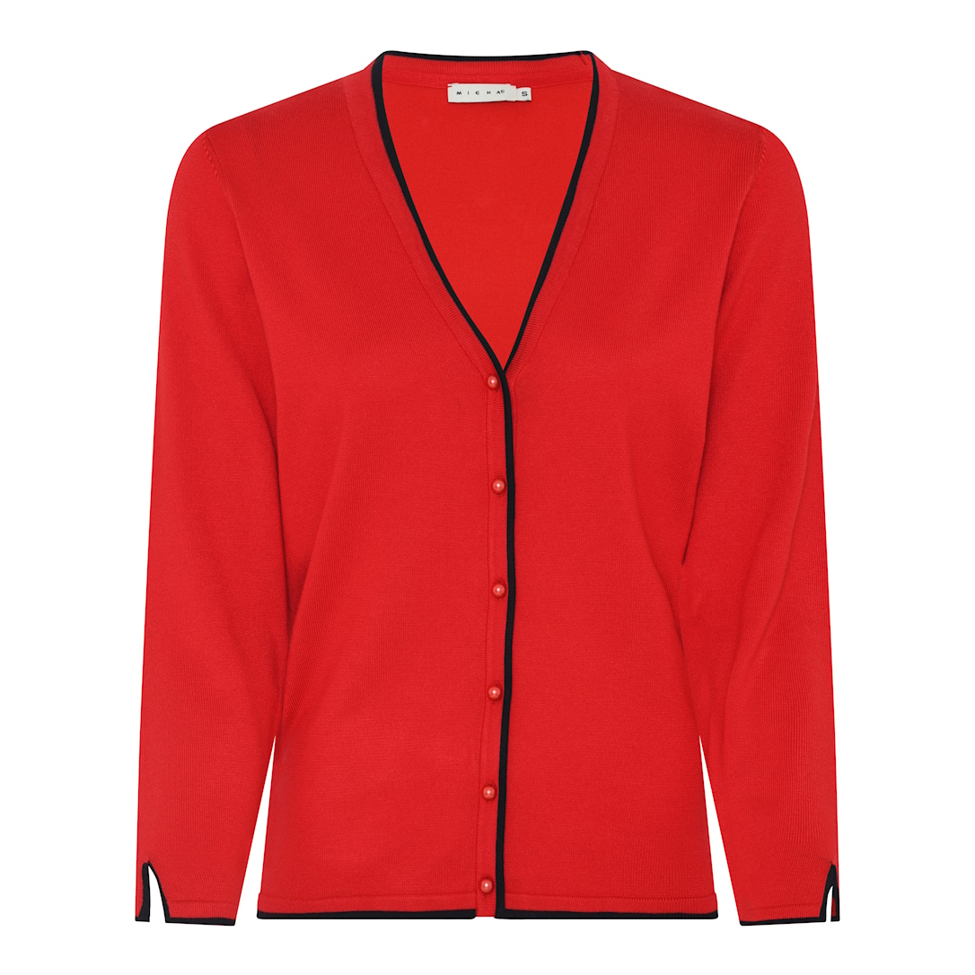 Micha Cardigan Dame Hals Viscose Strik Med Kontrastkant Perleknapper Rød Xxxl