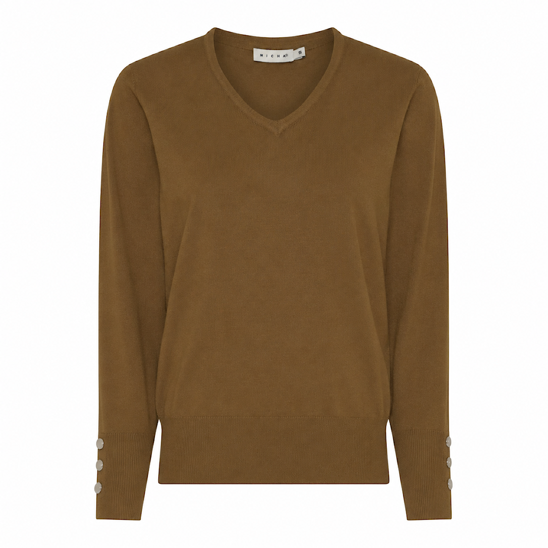 Micha Strikbluse Dame Hals Viscose Strik Med Knapdetalje Nougat Xxxl