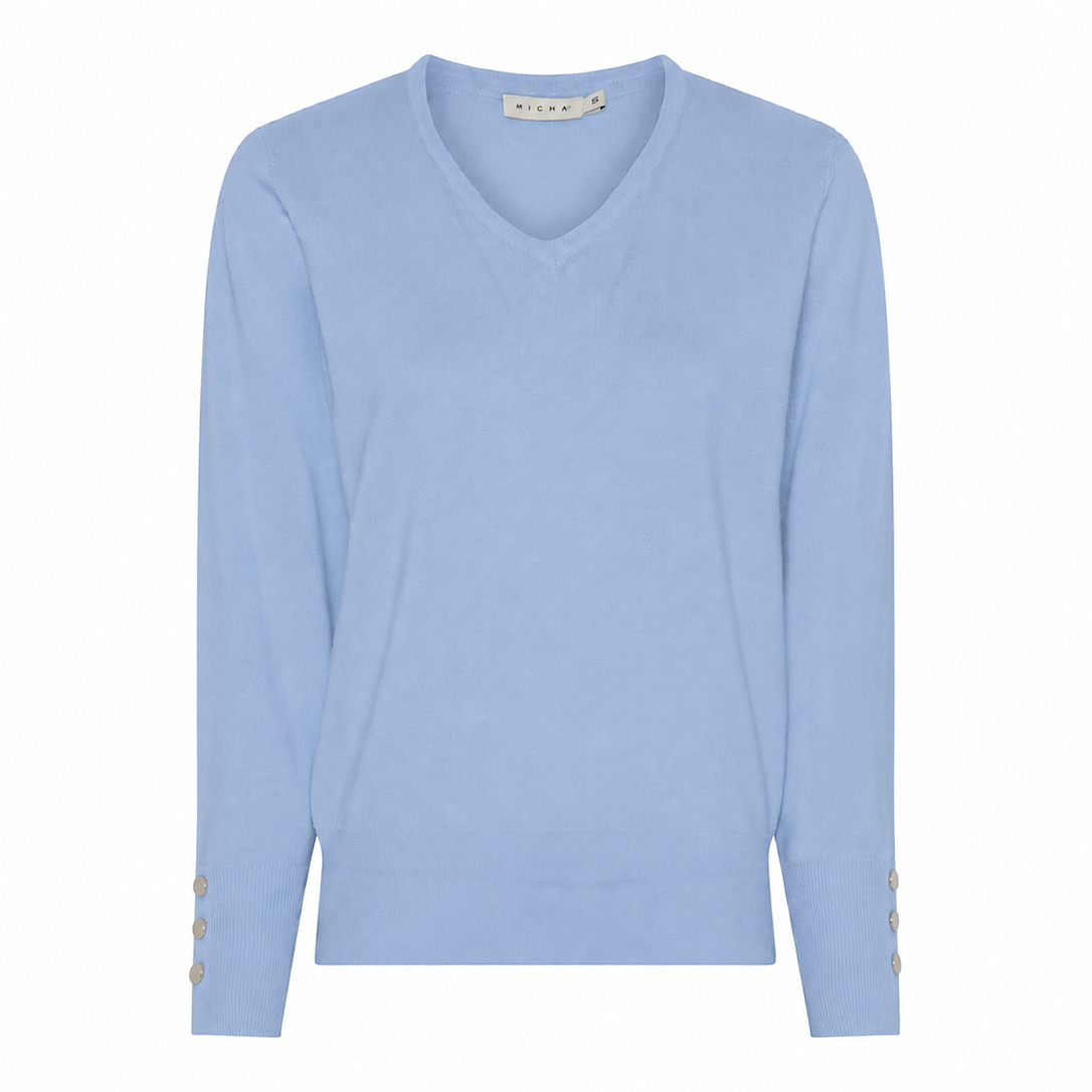 Micha Strikbluse Dame Hals Viscose Strik Med Knapdetalje Lyseblå Xxxl