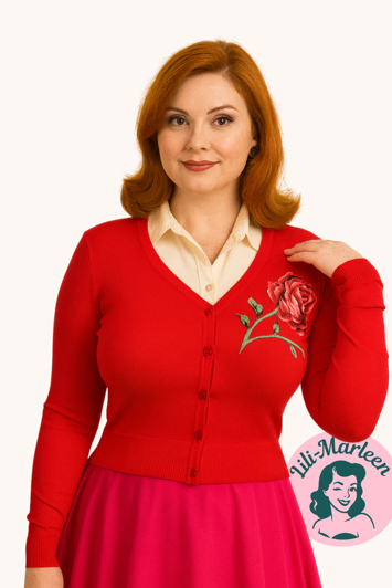 Cardigan Lady Rose Rød Med Rose Kort Cardigan Med Hals   Str. M  - Roski