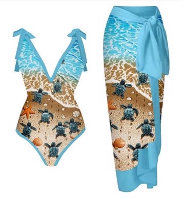 Vintage Retro Badedragt Med Sarong Med Havskildpadde Print